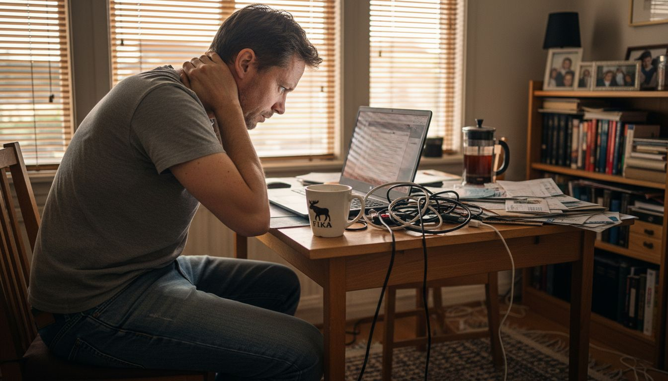 En person sitter vid sin laptop med hängande axlar och ser riktigt sliten ut.