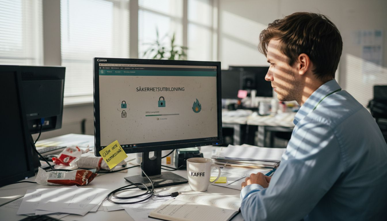 En medarbetare genomför säkerhetsutbildning online på kontoret.