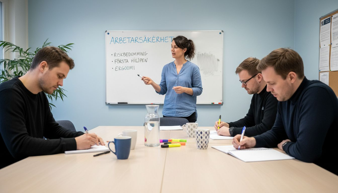 En grupp medarbetare genomgår en säkerhetsutbildning på jobbet.