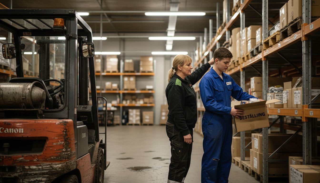 En handledare visar en praktikant hur arbetet på lagret går till.