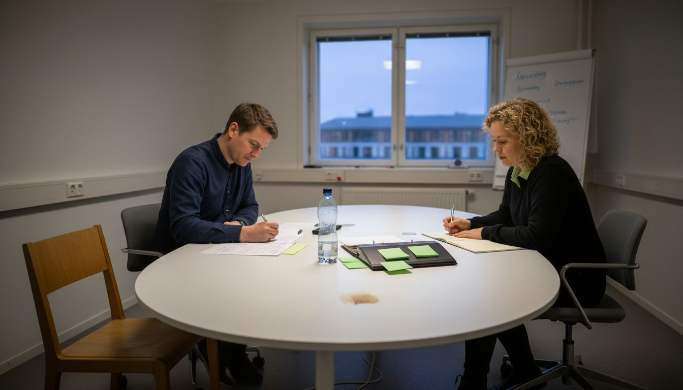 Ett par kollegor sitter vid kontorsbordet och pratar om företagets miljöarbete.