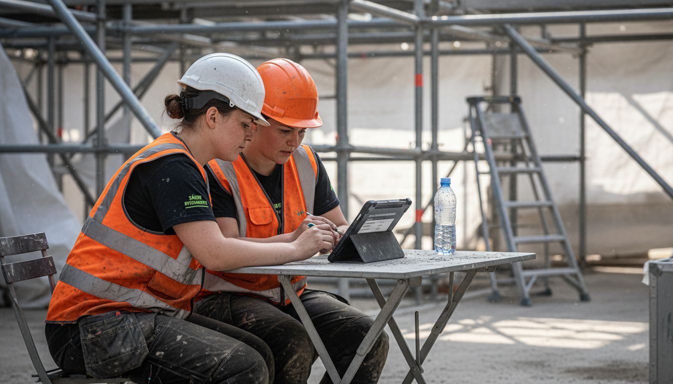 Byggnadsarbetarna går igenom den digitala säkerhetsrutinen