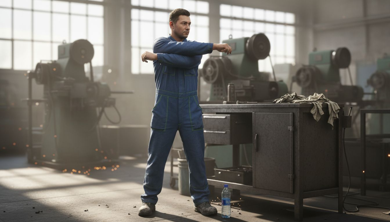 En industriarbetare sträcker på sig och gör rörlighetsövningar intill maskinen under arbetspasset.