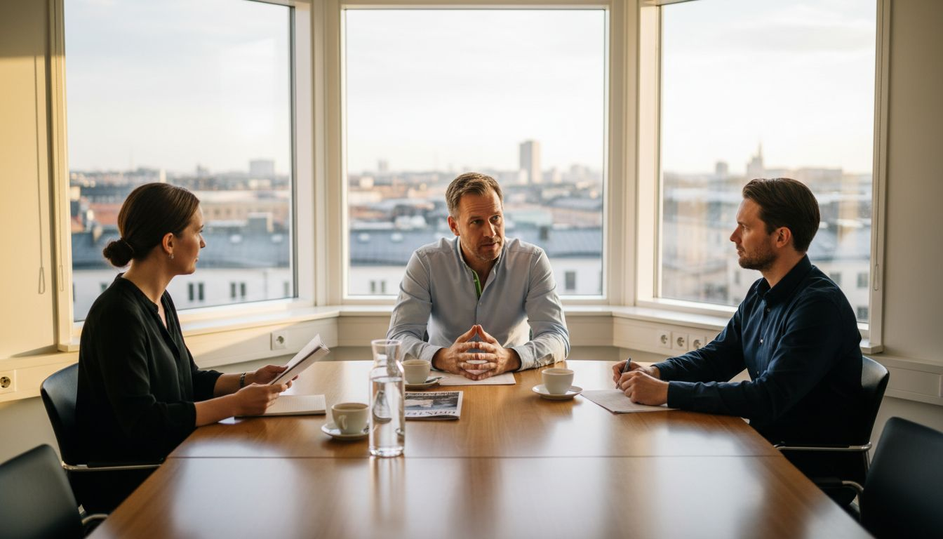 Chefen är närvarande och lyssnar aktivt under mötet för att lösa konflikten.