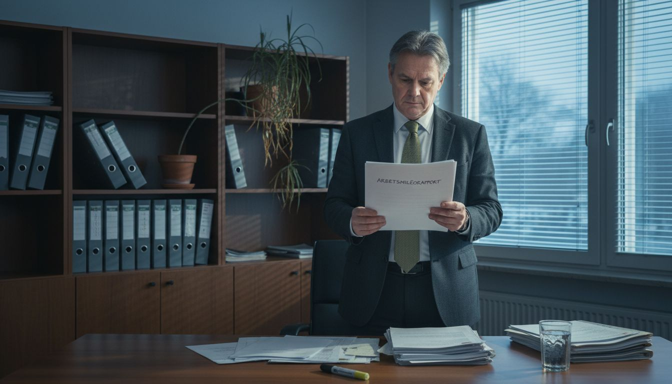 Chefen går igenom arbetsmiljörapporten vid sitt skrivbord