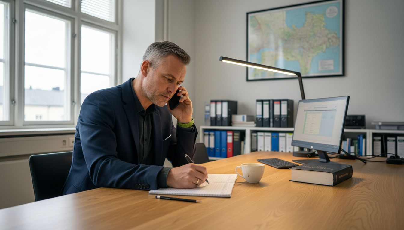 HR-chefen sitter vid sitt ekbord på kontoret och antecknar