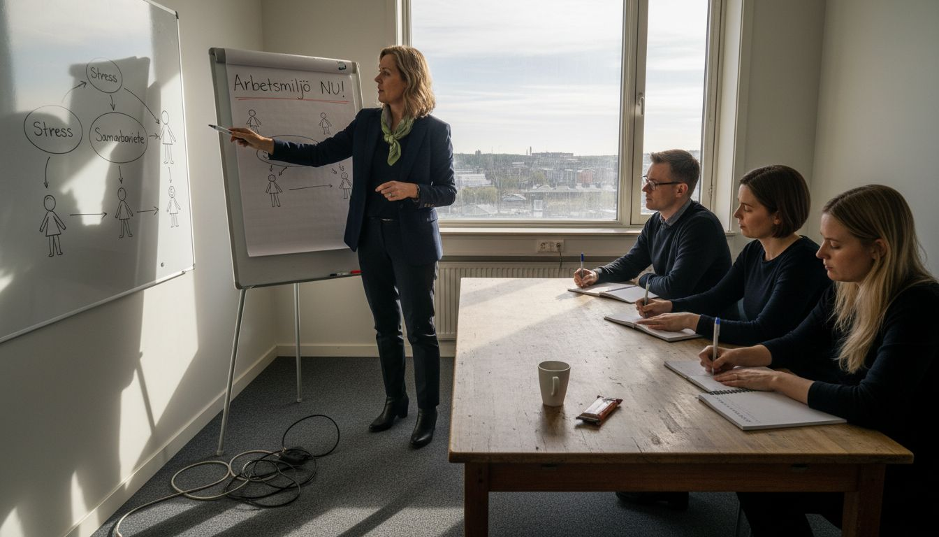 HR-chefen tar initiativ till en diskussion om arbetsmiljön tillsammans med teamet i konferensrummet.