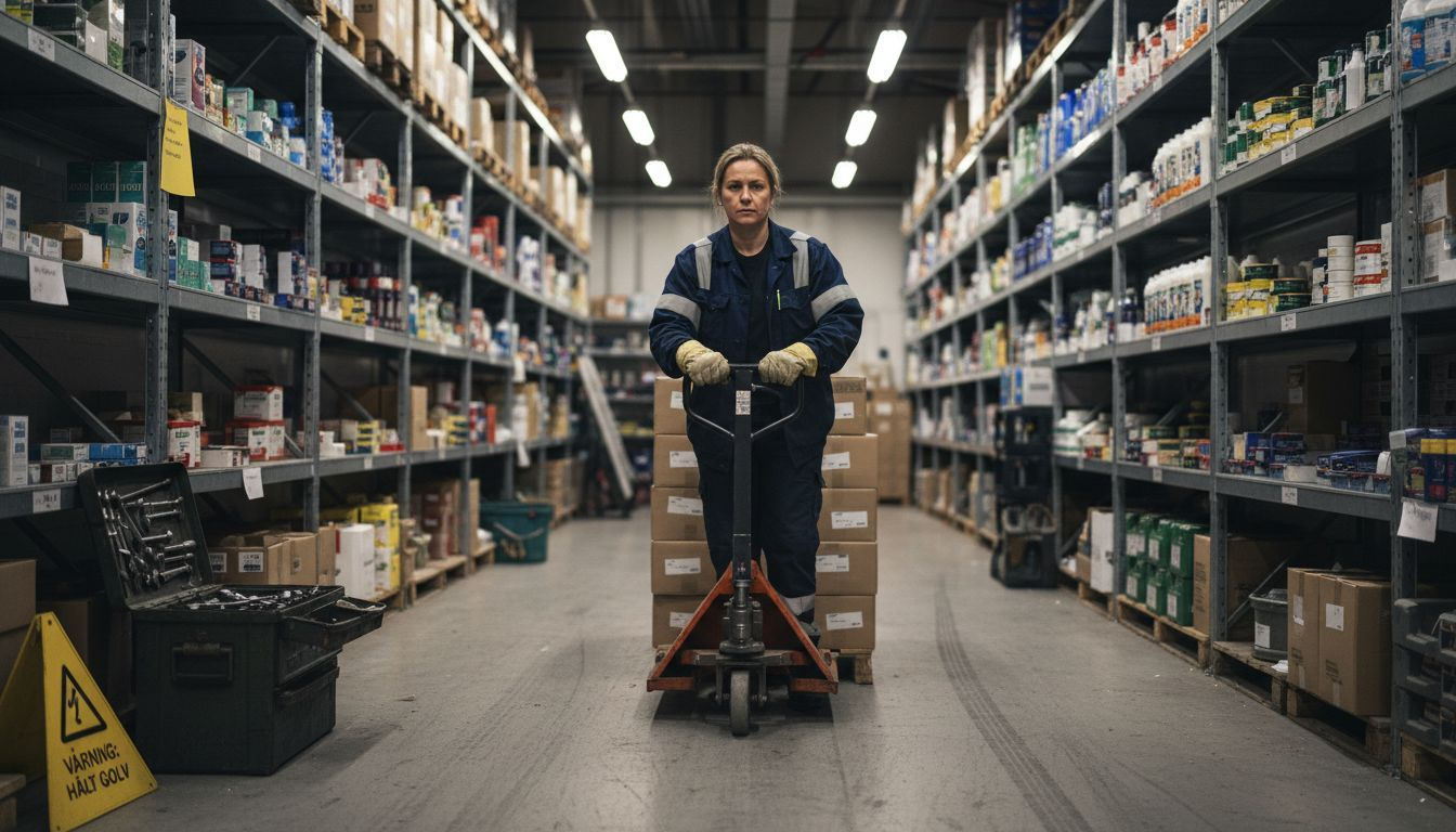 Lagerarbetare som hanterar de fysiska riskerna på arbetsplatsen