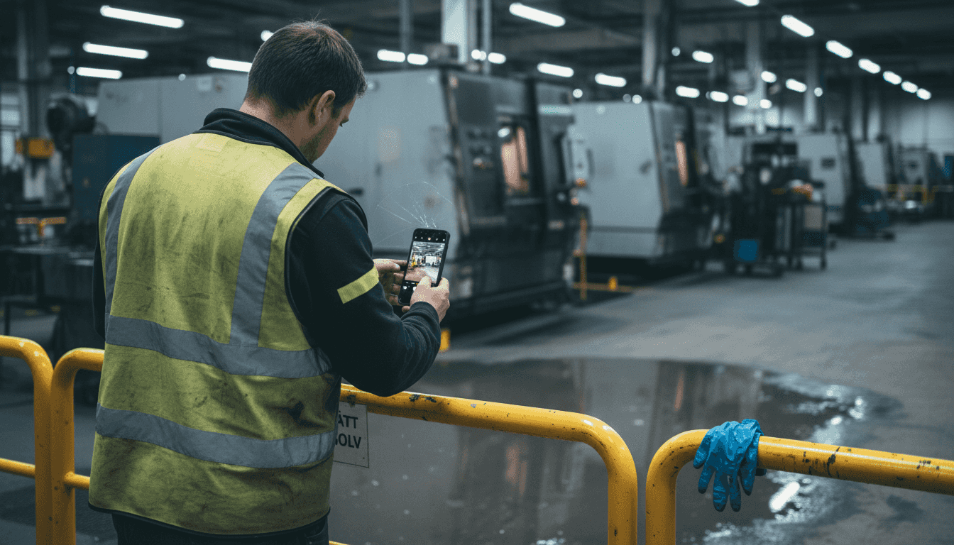 En anställd upptäcker en säkerhetsrisk på fabriken och rapporterar det direkt via mobilen.