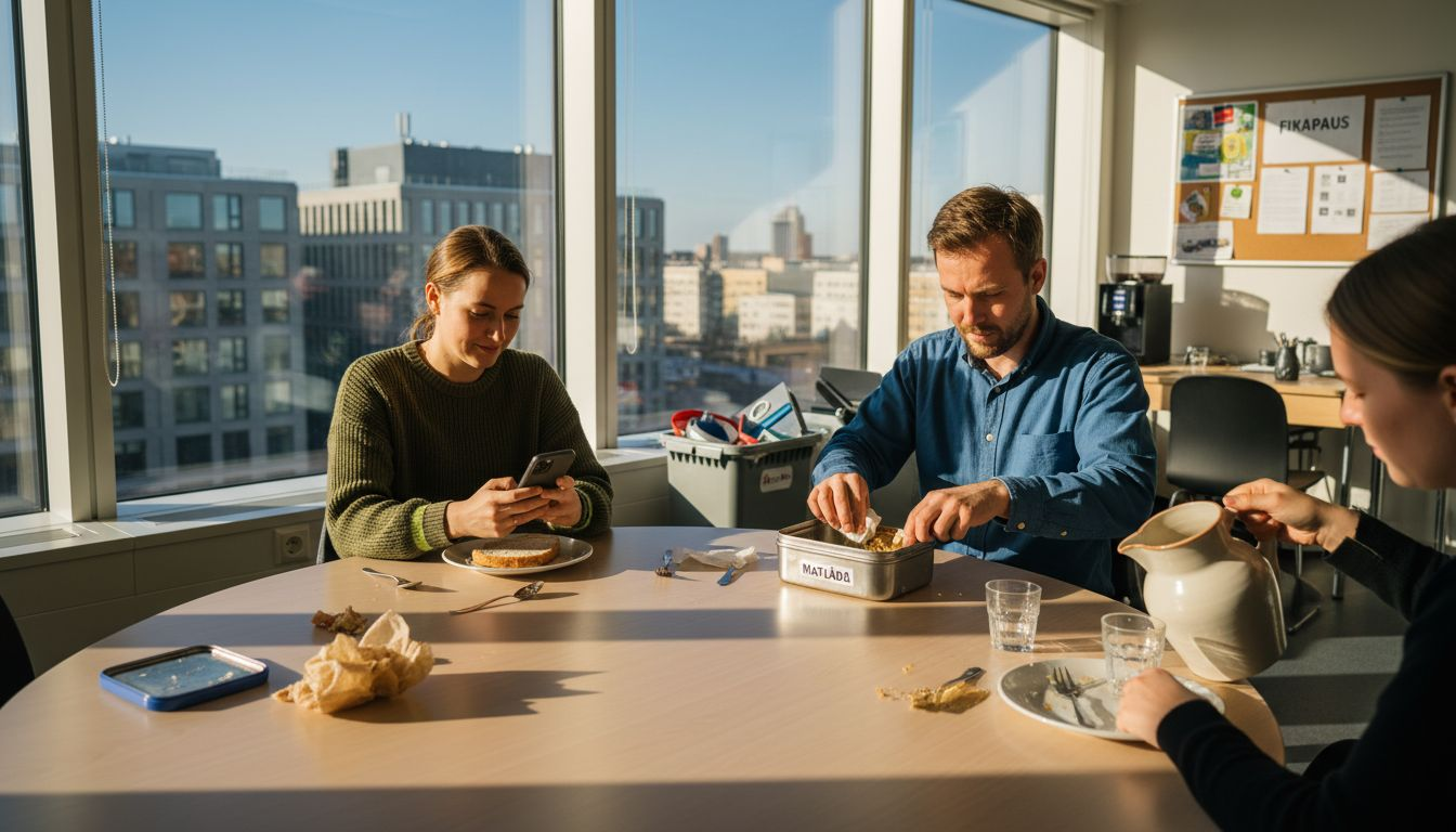 Kollegor som sitter tillsammans och äter lunch under rasten på jobbet.