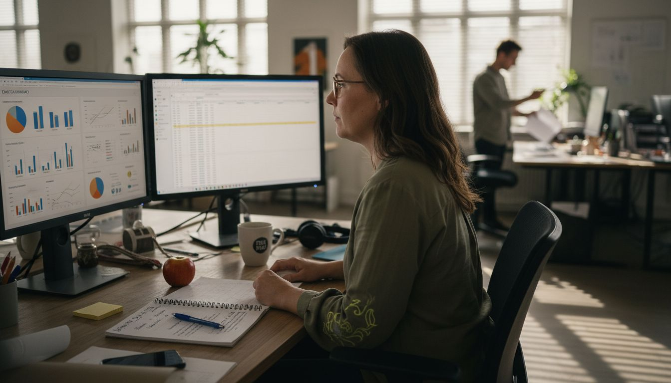 En kvinna sitter vid sitt skrivbord och går igenom resultatet från en enkät om inkludering.