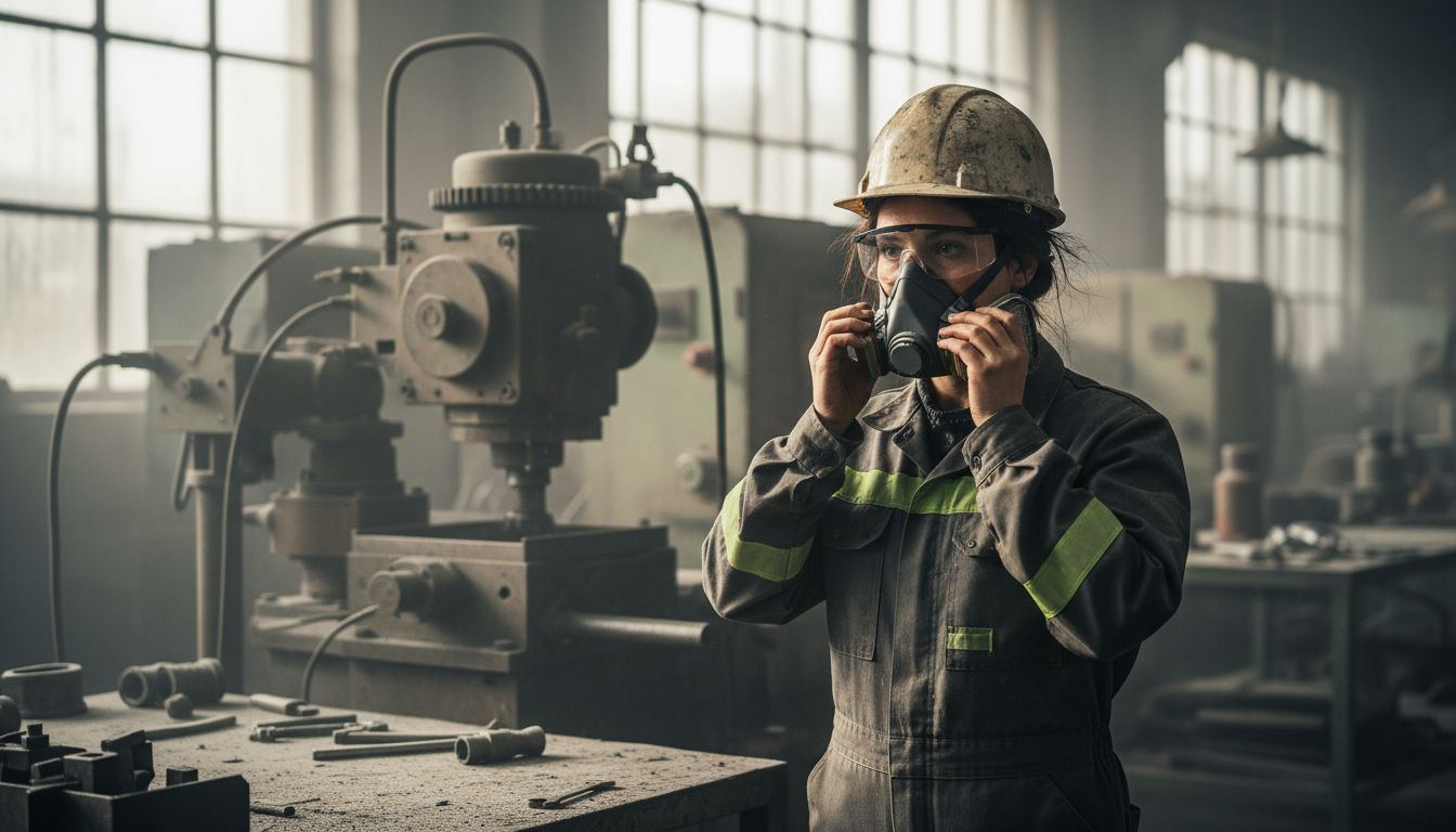 En arbetare tar på sig sin skyddsmask innan han börjar jobbet.