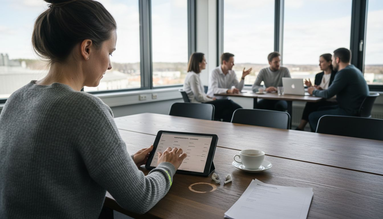 En kvinna går igenom arbetsmiljöstatistik på sin surfplatta