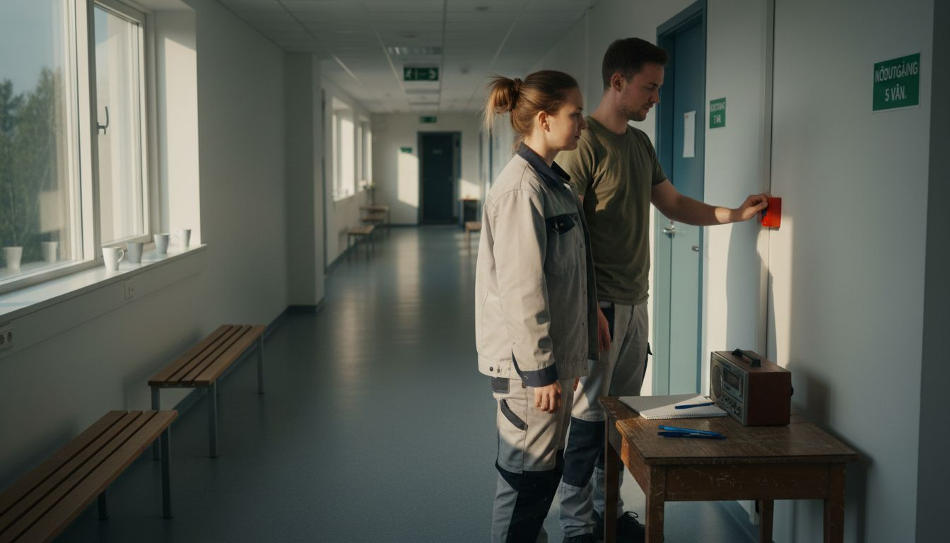 Praktisk övning på arbetsplatsen med larm och personal