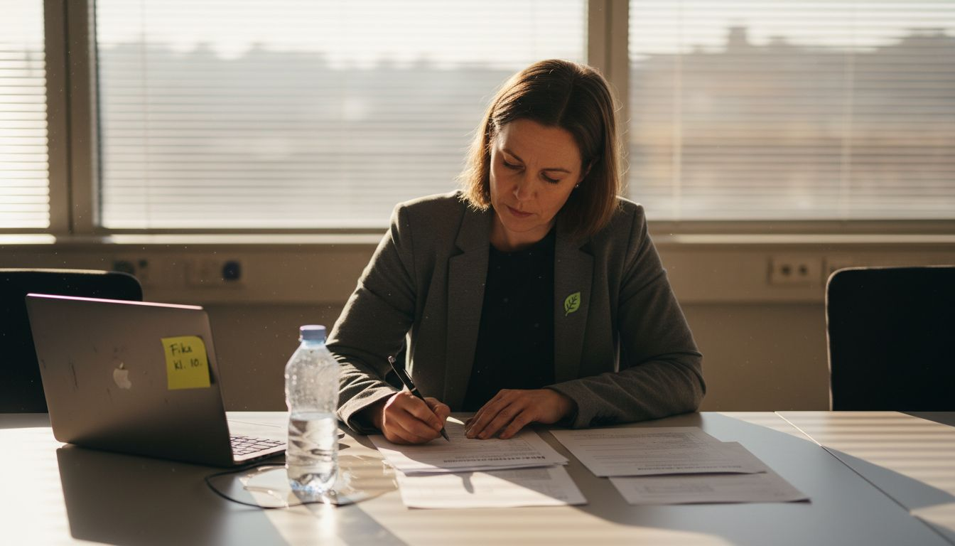 En kvinna sitter vid ett konferensbord och går igenom risker i ett projekt.