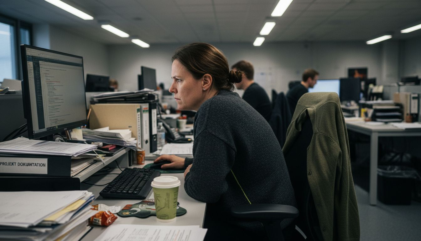 Anställd som sitter vid ett stökigt skrivbord med dålig ergonomi