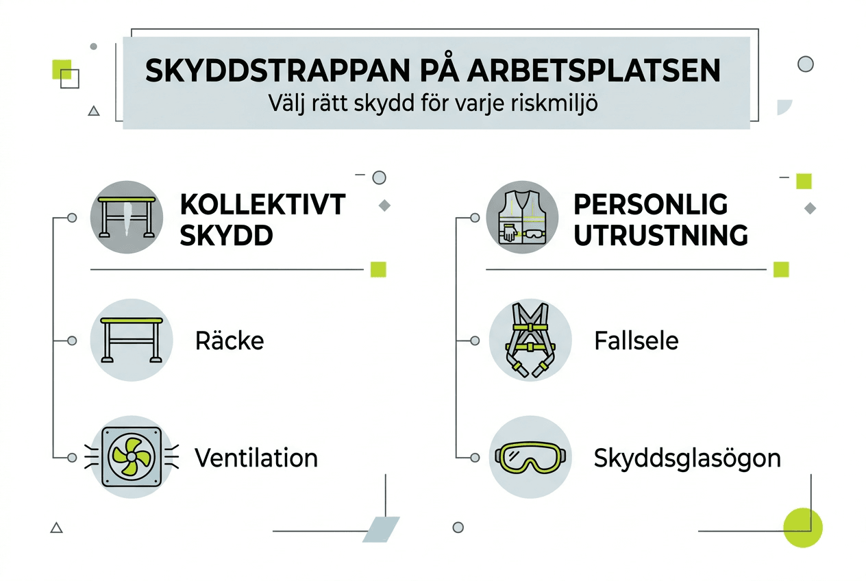 Illustration som visar olika nivåer av skydd och vilken utrustning som behövs på varje steg