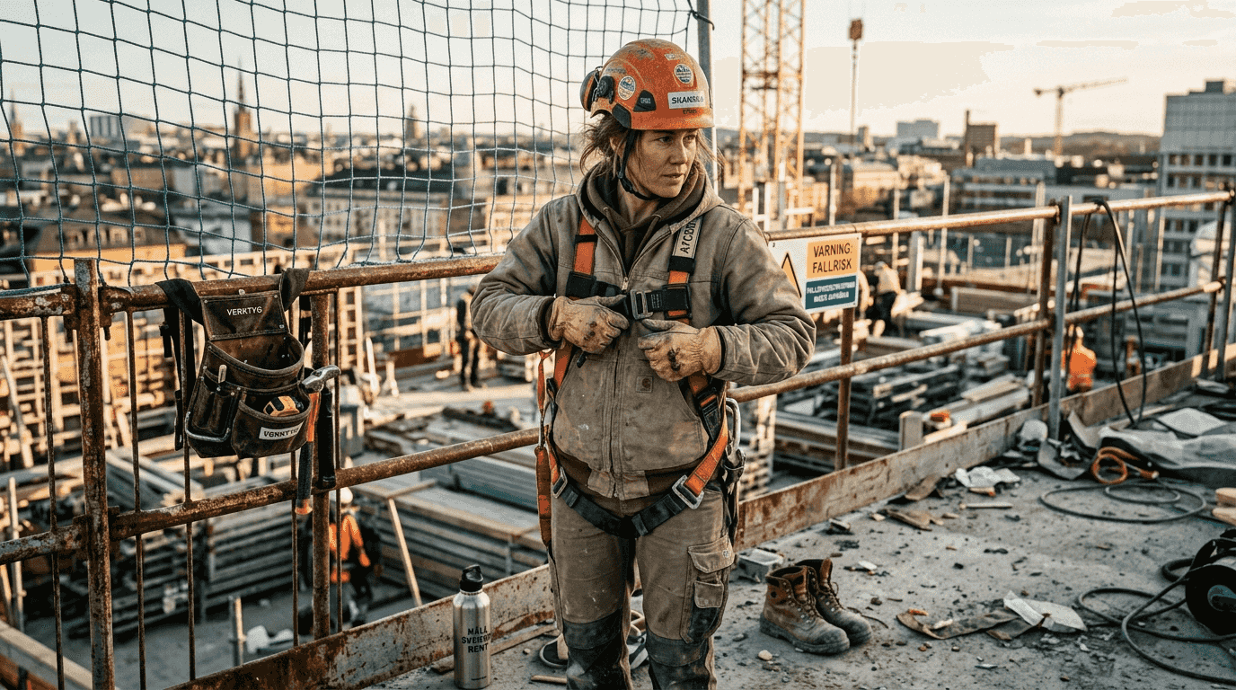 En byggarbetare ser över säkerhetsutrustningen uppe på taket.