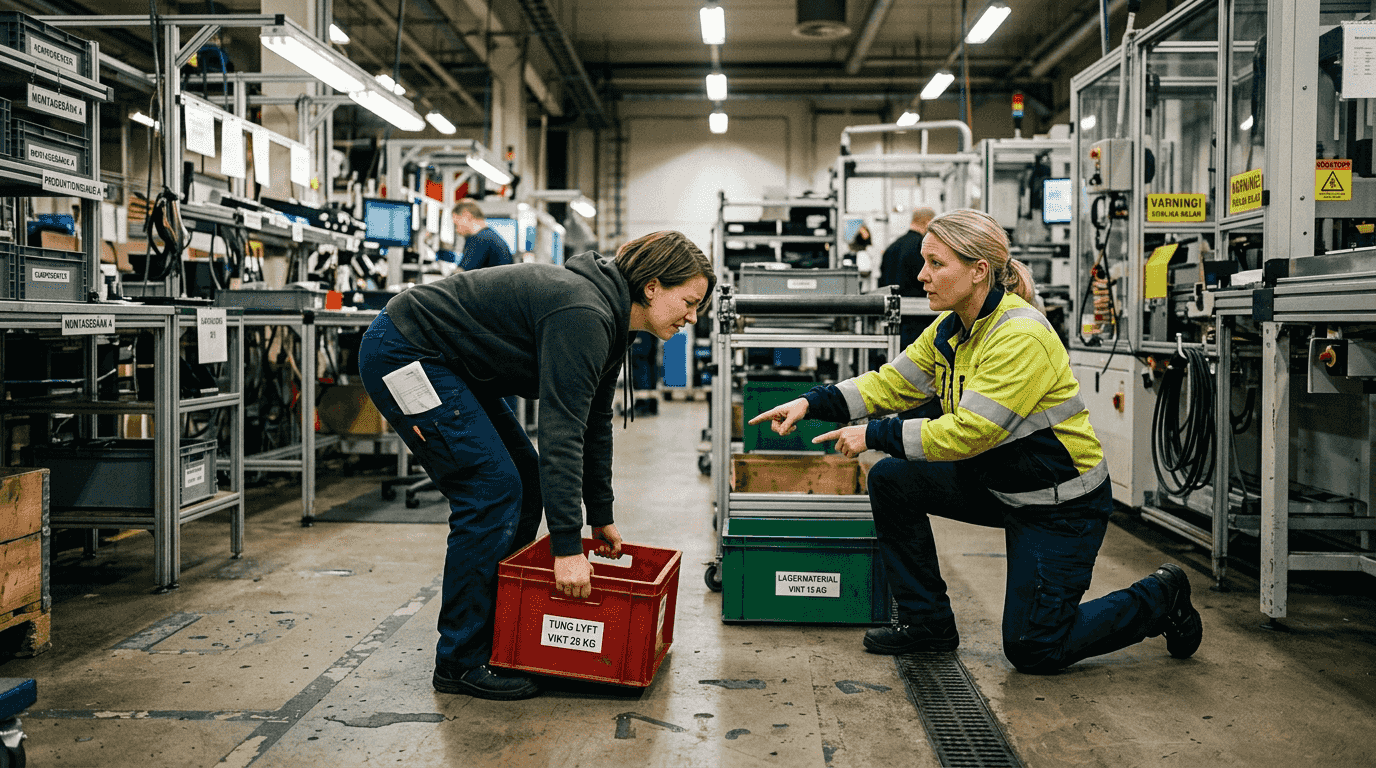Här får du se exempel på både fel och rätt lyftteknik samtidigt.