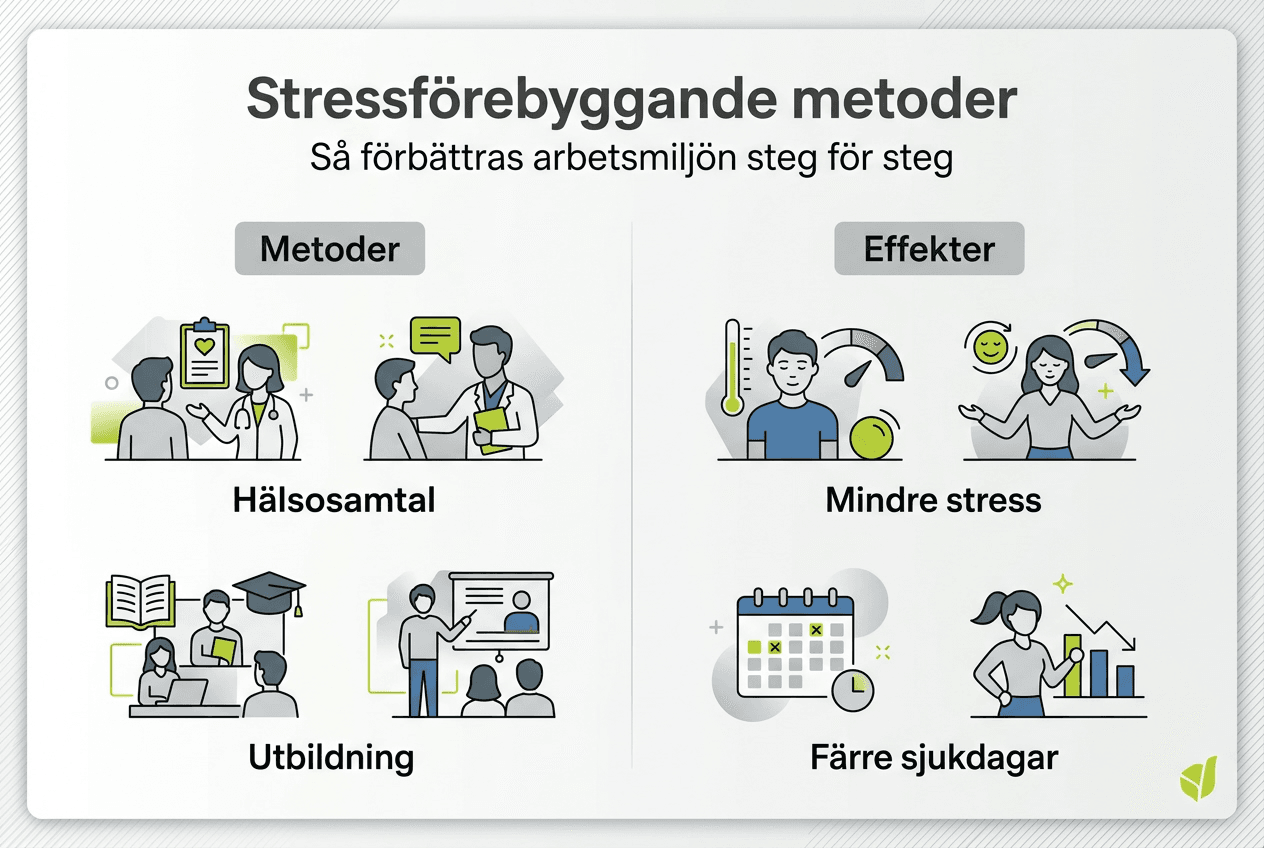 En överskådlig infografik som visar olika sätt att förebygga stress och vilka resultat de kan ge.