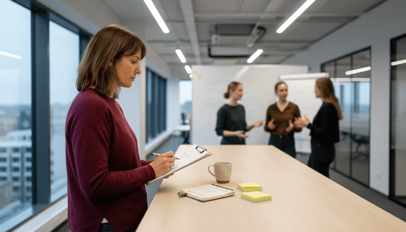 HR-chefen följer teamets arbete och antecknar under mötet