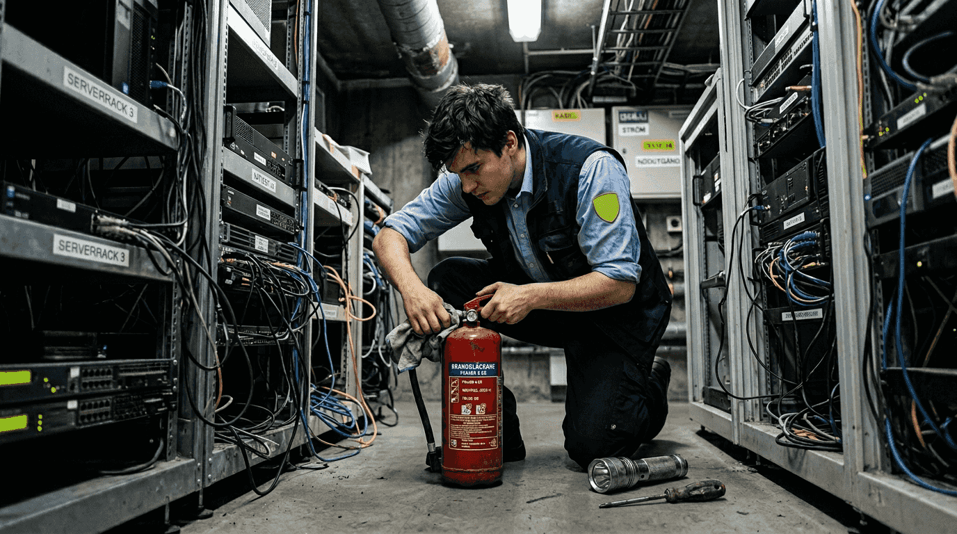 Brandsläckarna i serverrummet ses över regelbundet för att säkerställa att de fungerar som de ska.
