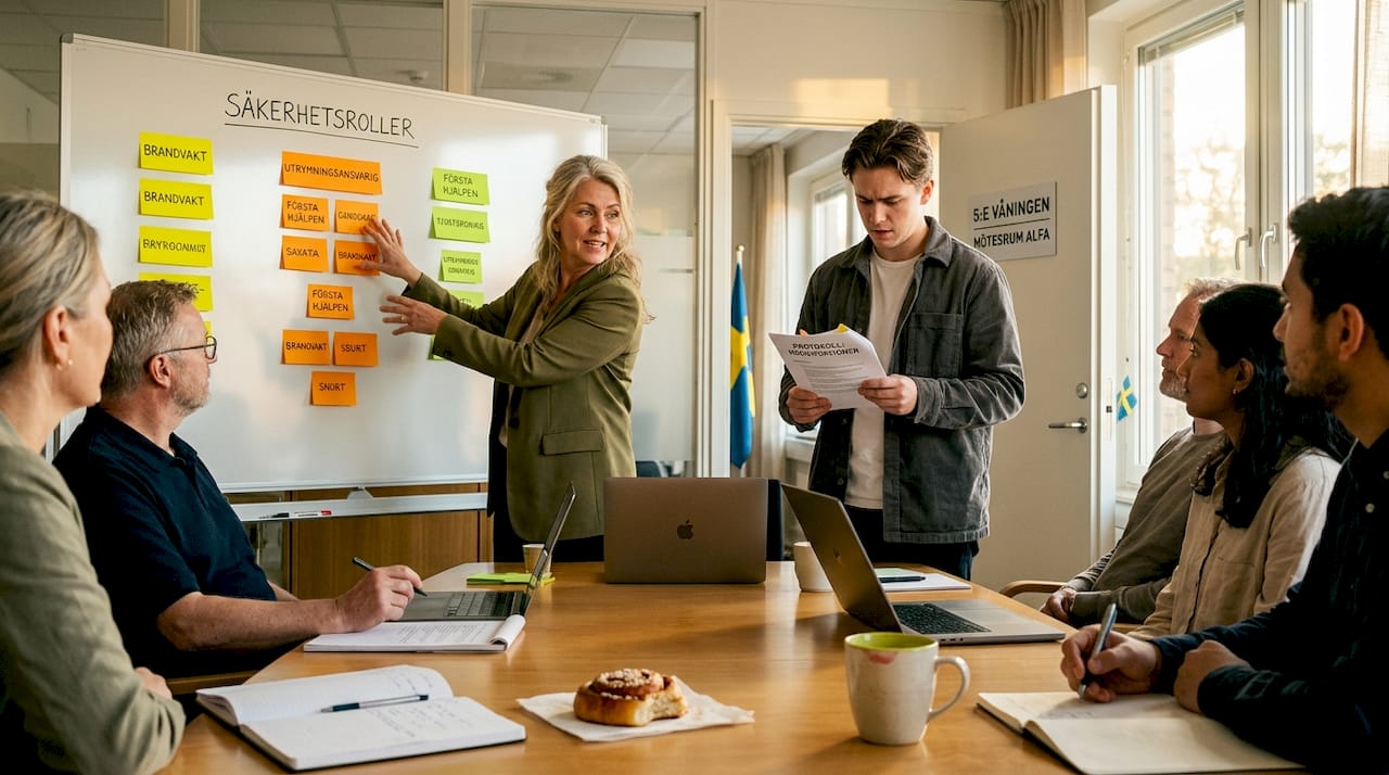 Under mötet delar teamledaren ut säkerhetsansvar till deltagarna.