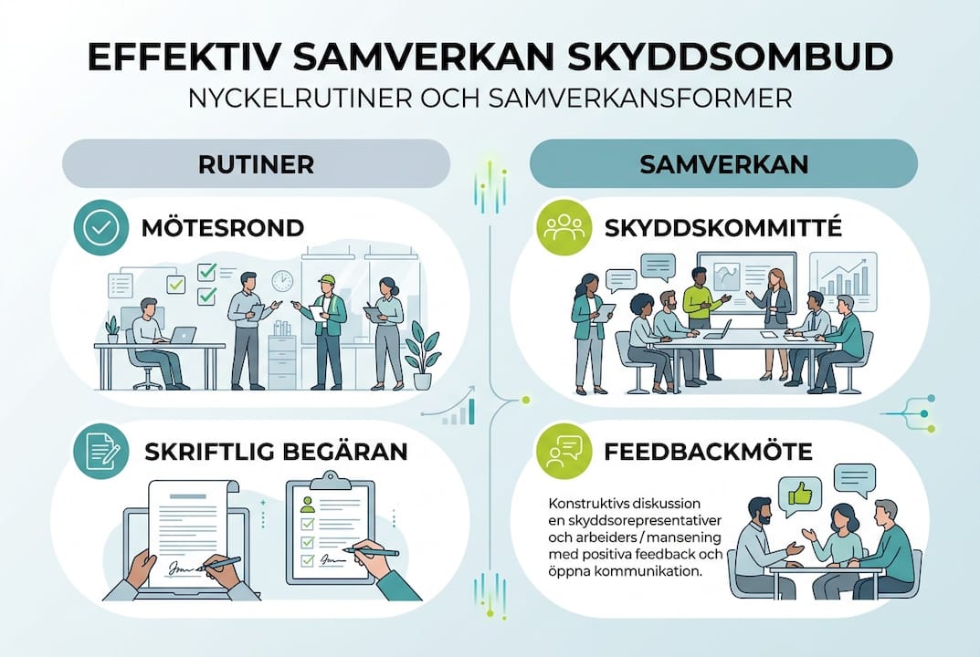 Illustration som visar hur skyddsombud arbetar och samverkar på arbetsplatsen