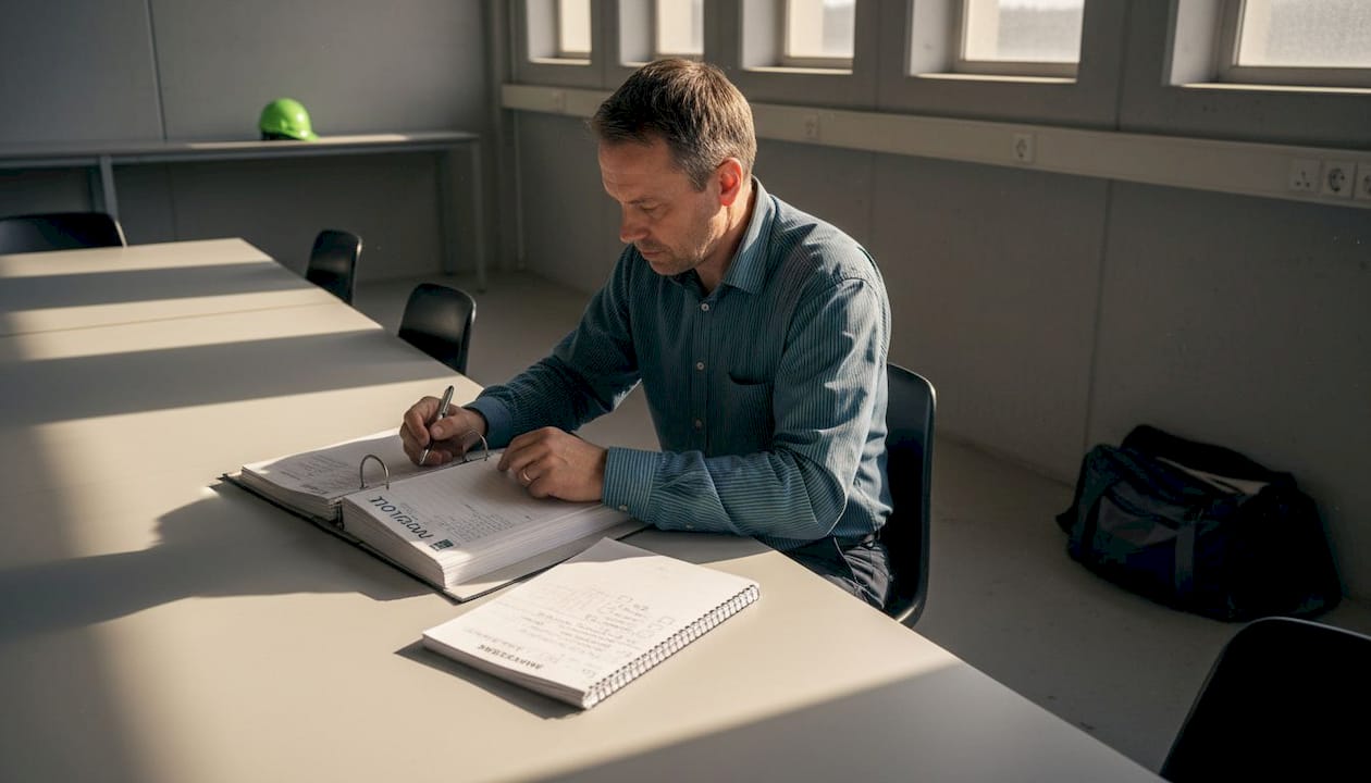 En inspektör går igenom handlingar ute på arbetsplatsen.