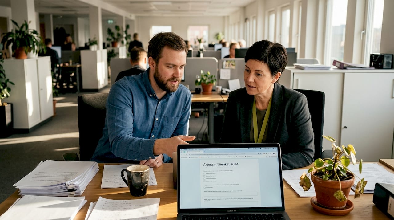 Medarbetare på kontoret samtalar om hur psykosociala arbetsmiljörisker påverkar deras vardag.