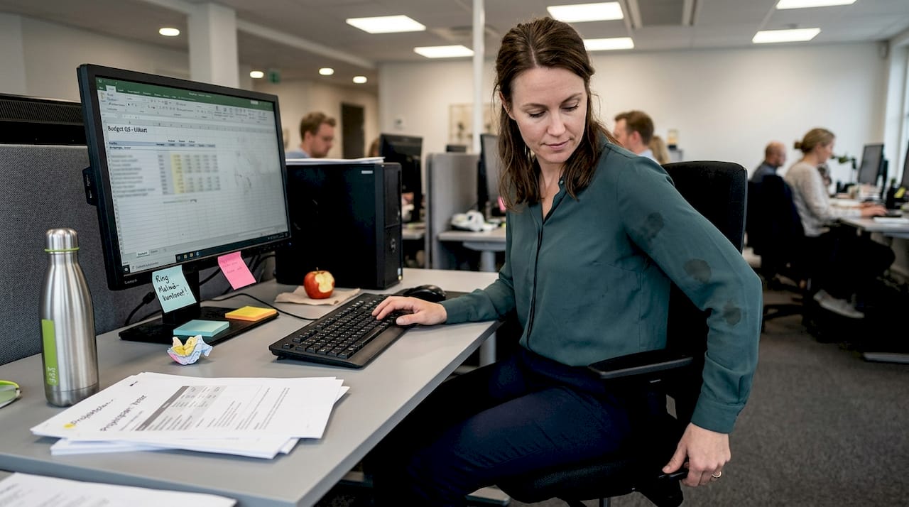 En kontorsanställd justerar sin stol för att sitta bekvämt och undvika belastningsskador.