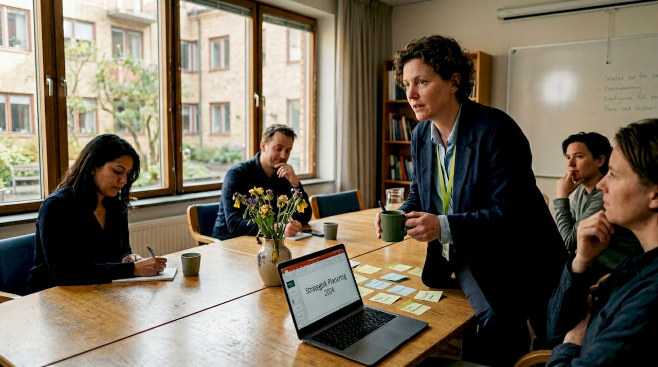 Mötet drivs av en inspirerande facilitator som får alla att engagera sig.