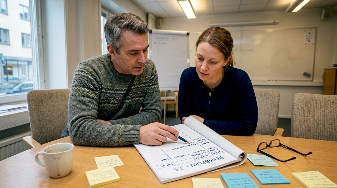 Två personer går tillsammans igenom en rehabplan och stöttar varandra under processen.