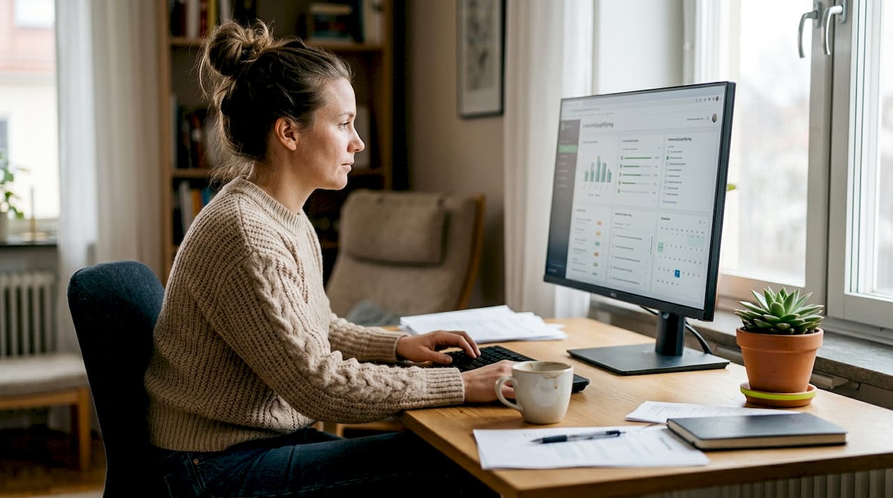 En kvinna jobbar hemifrån och arbetar digitalt med frågor som rör arbetsmiljö.