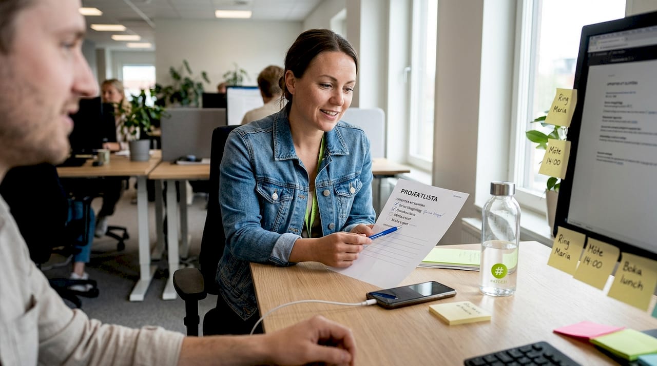 Kollegor diskuterar risker tillsammans vid skrivbordet