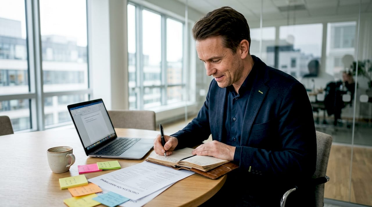 HR-chefen går igenom onboardinglistan tillsammans med teamet under ett möte.