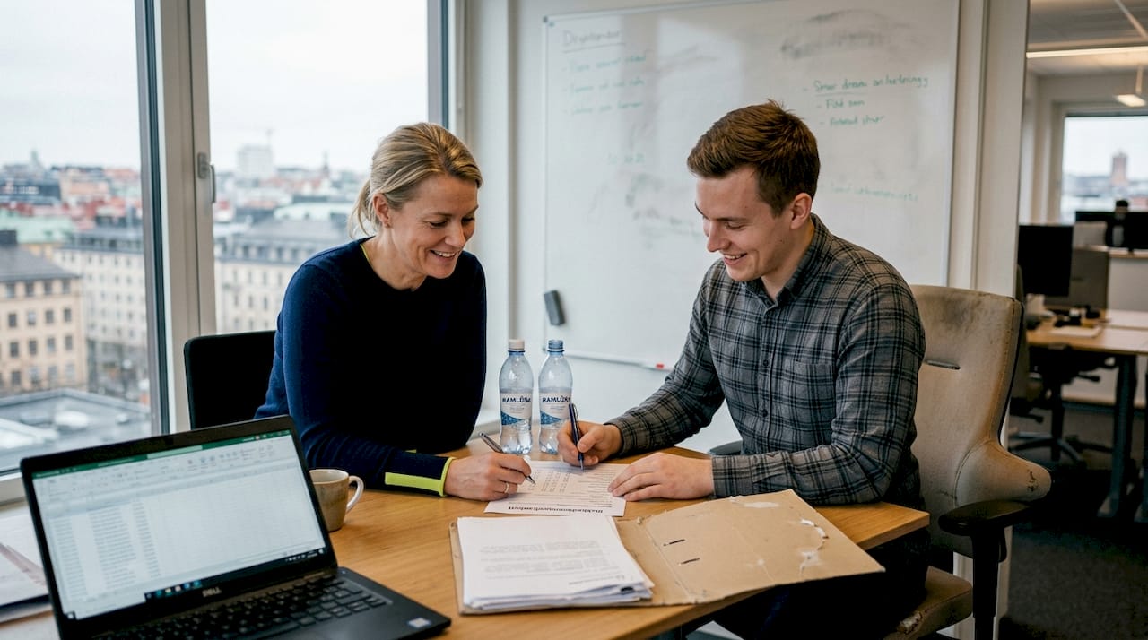 Två medarbetare sitter runt ett konferensbord och diskuterar hur man bäst kan hantera och bedöma olika risker.