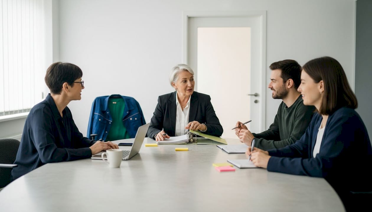 Teamet samlas kring konferensbordet för att diskutera säkerhetsfrågor och hitta gemensamma lösningar.