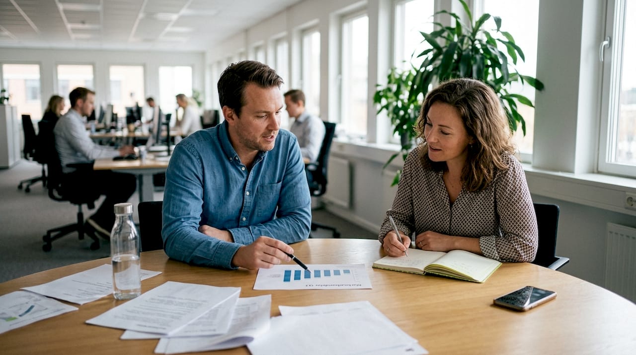 Två kollegor pratar ihop sig om vem som ska göra vad inför ett möte.