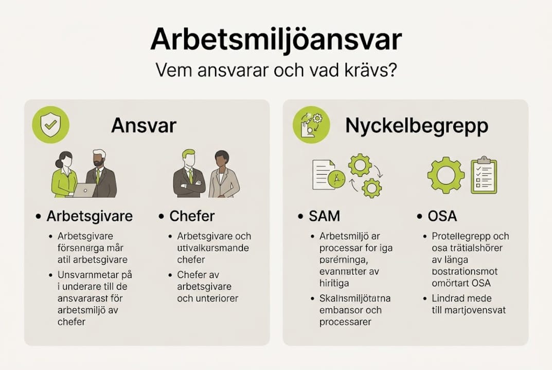 Här får du en överskådlig infografik som förklarar ansvar och viktiga begrepp kring arbetsmiljö.