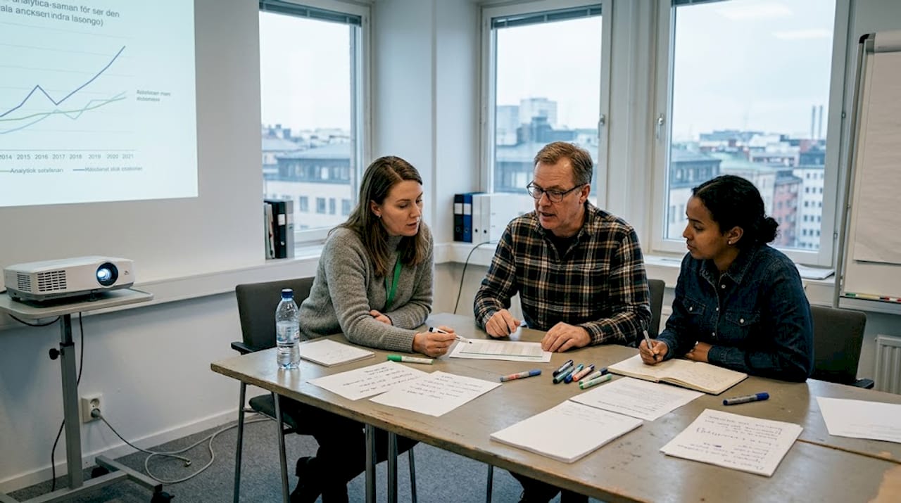 Under ett arbetsmöte sitter kollegorna och går igenom riskanalysen tillsammans.