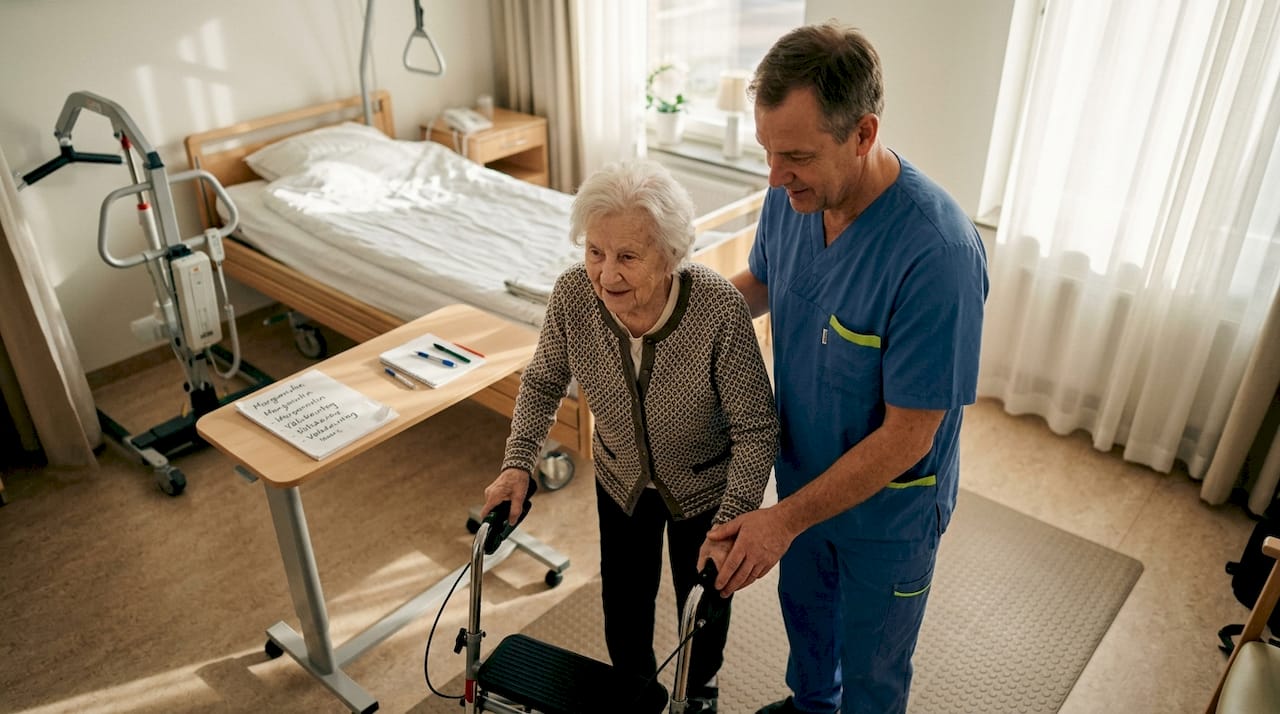 En undersköterska hjälper en patient att gå med rullator.