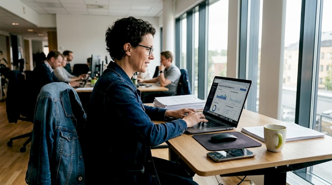 En medarbetare sitter vid sitt skrivbord och använder AI-verktyg i sitt arbete.