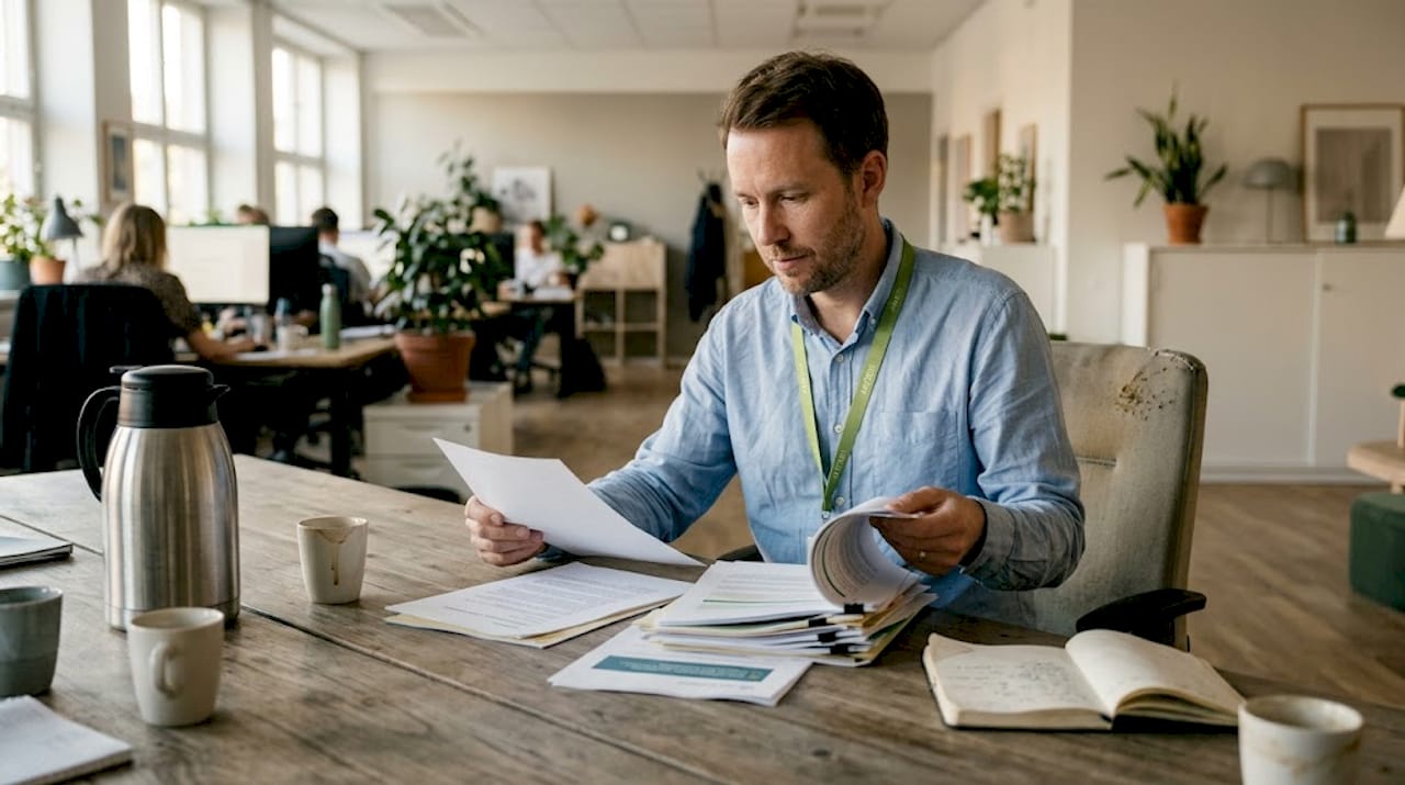 Man går igenom papper tillsammans runt konferensbordet.