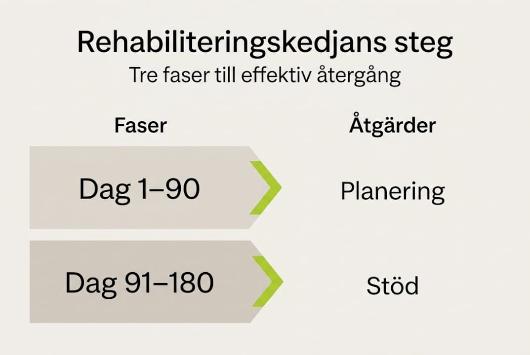Grafisk översikt över de olika stegen i rehabiliteringskedjan och vilka insatser som hör till varje fas
