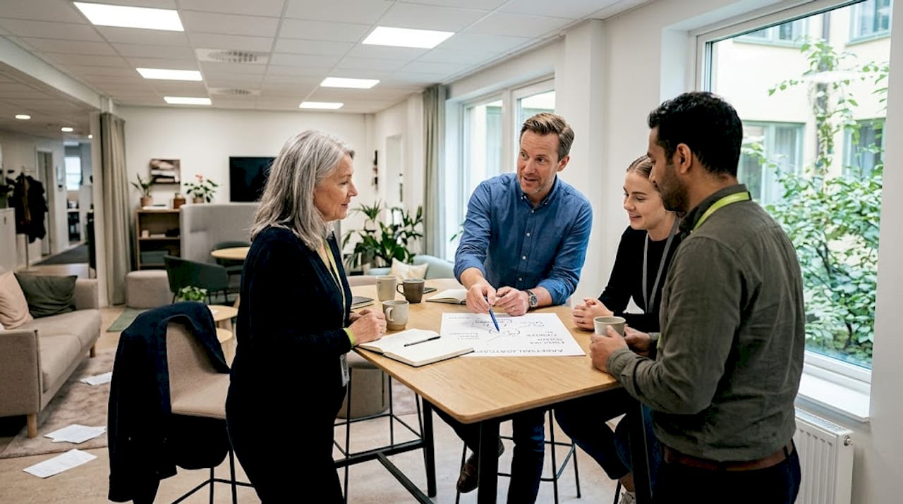 Ett gäng kollegor samlas runt fikabordet för att prata om risker och utmaningar i arbetsmiljön.