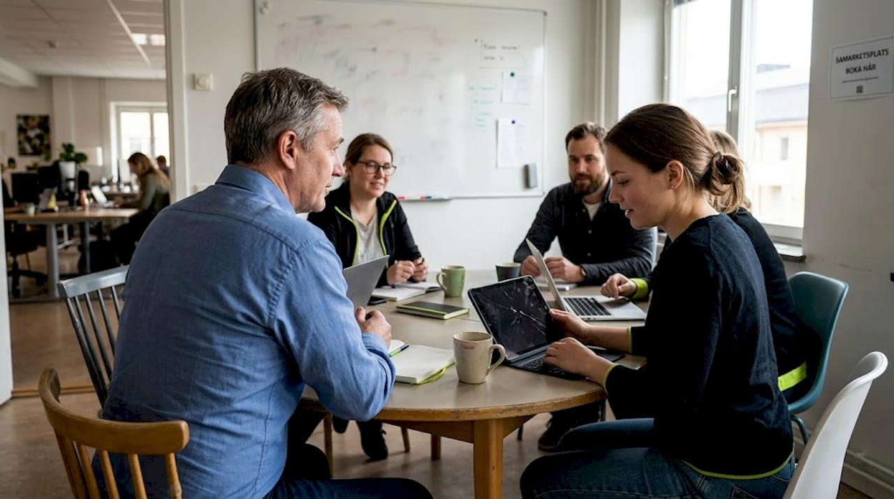 Chef och team har ett öppet och ärligt samtal på kontoret.