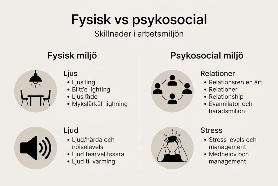 En infograf som visar skillnader och likheter mellan den fysiska och den psykosociala arbetsmiljön