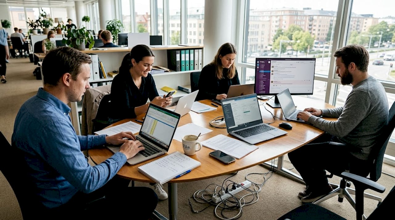 Fyra personer arbetar med datorer vid ett gemensamt bord på ett kontor.