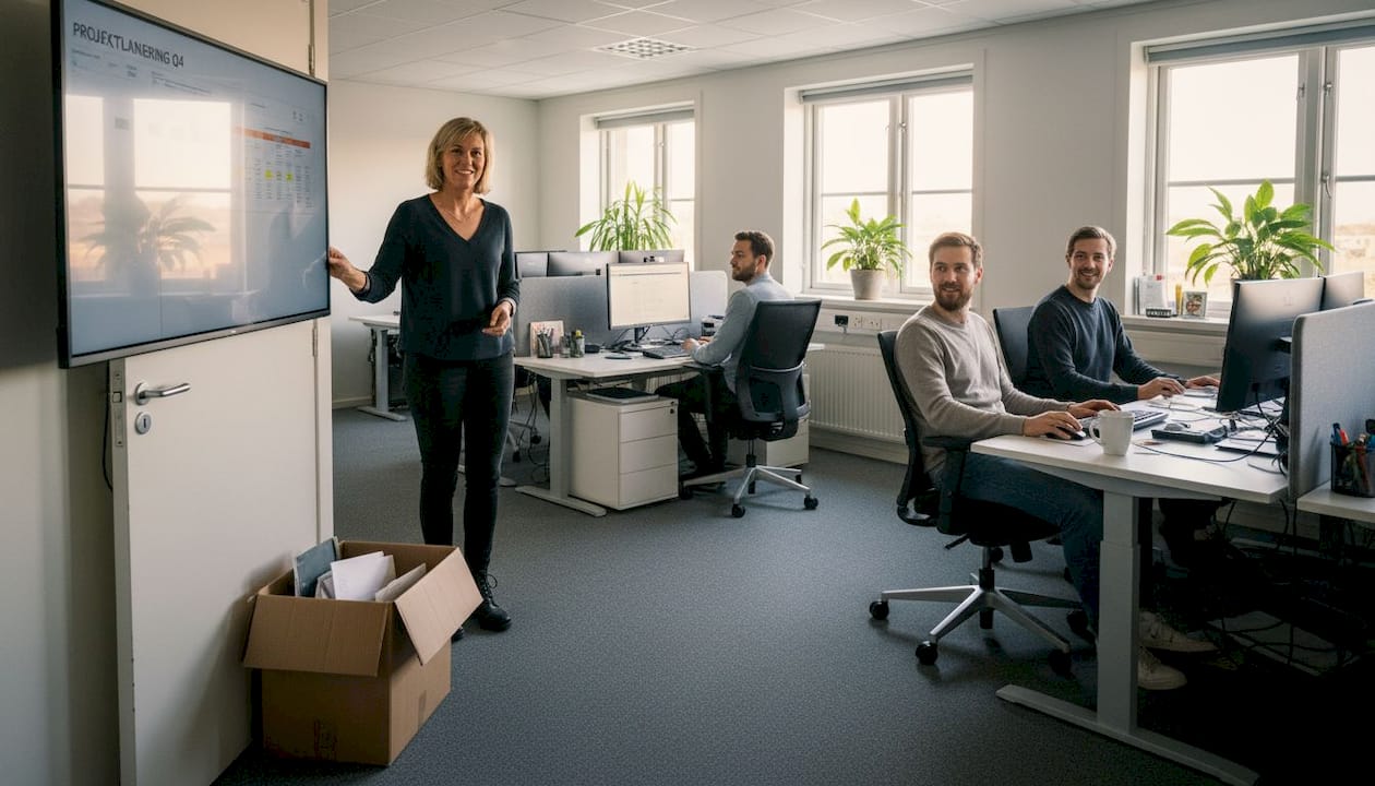 En person står vid en skärm under ett möte med kollegor på ett kontor.